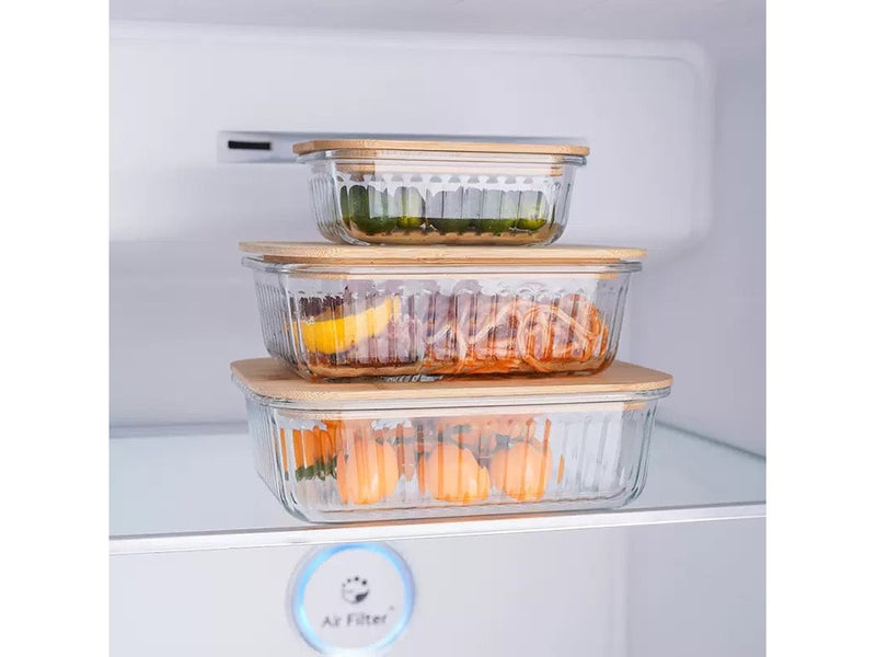 طقم علب ثلاجه زجاج مضلع بغطاء خشب بامبو 3 قطع مستطيل 5091 & ك*ق 12